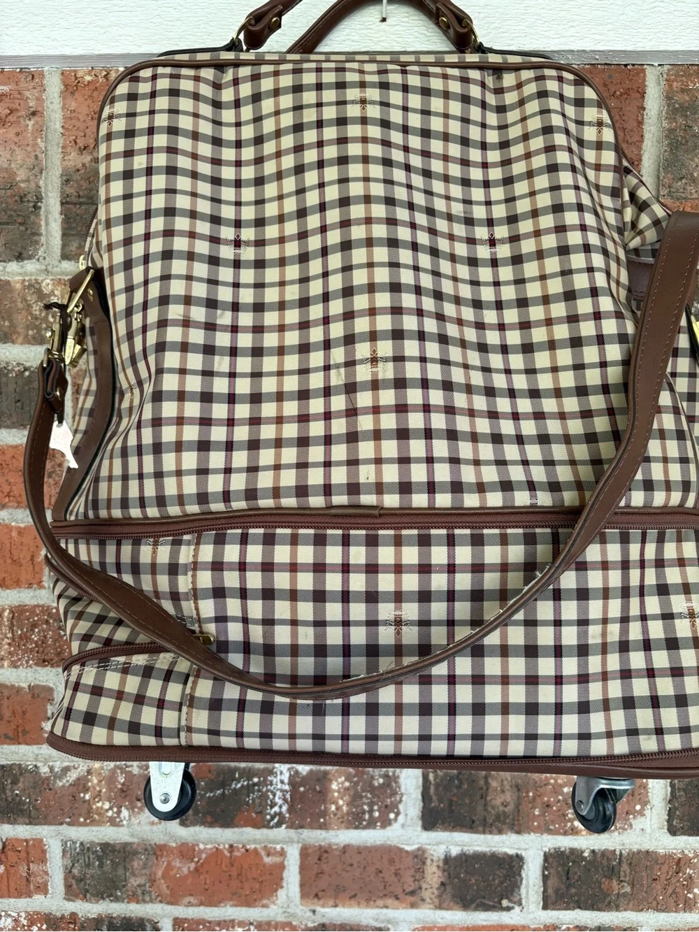 Lasserre Paris Vintage Beige Plaid Rolling luggage Bag with Brown Trim